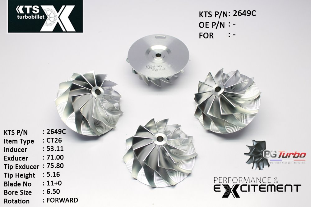 Turbo ROUE FORGÉE MFS PERFORMANCE - 11+0 PALES - INDUCER : 53,11 - EXDUCER : 71 - TYPE : CT26ANGLE : 45° - ROTATION : Forward - SUPER BACK : -1,37 - BORE SIZE : 6,5
